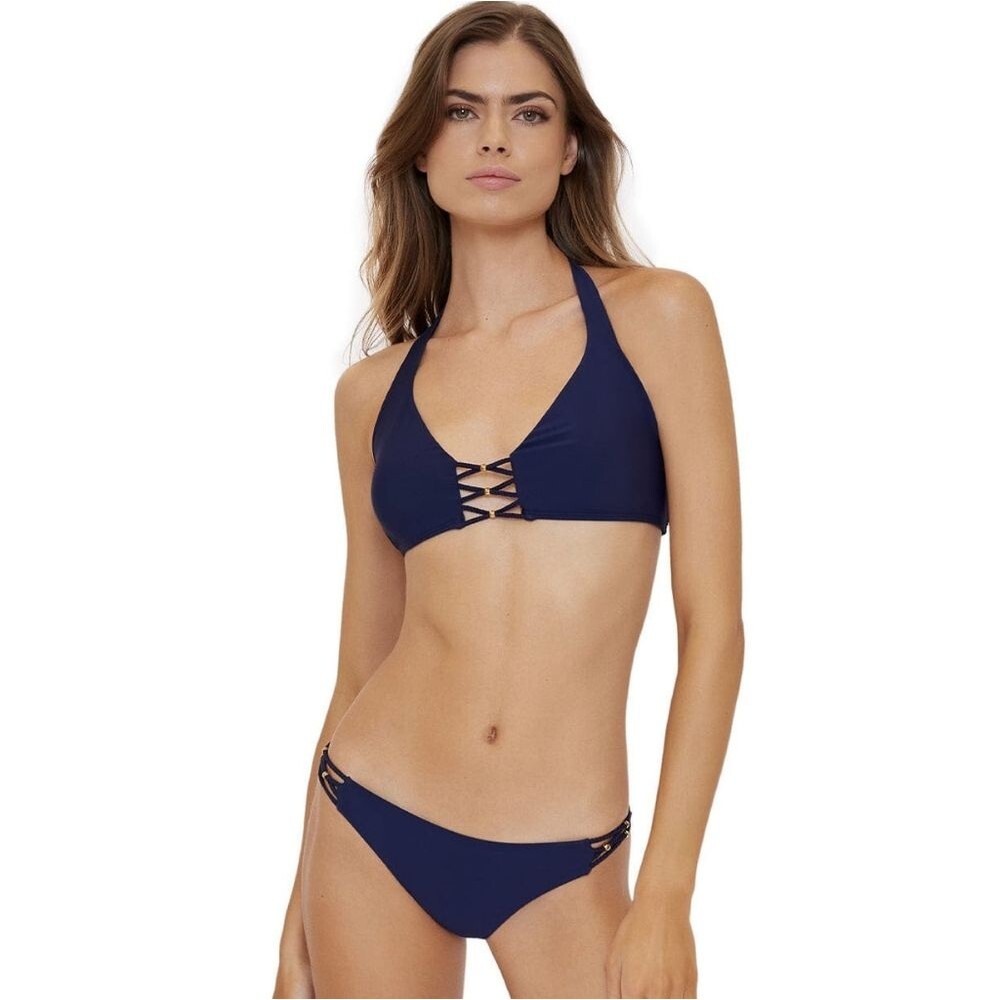 PQ Swim SET Navy Tides Braided Halter M and Braided Bottoms L Bikini NWT